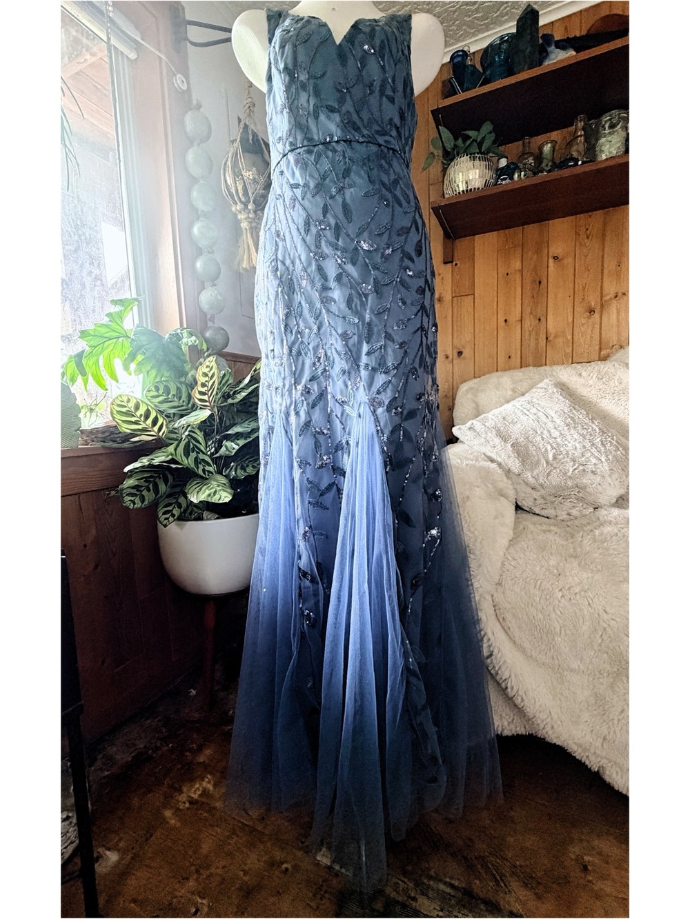 Ever Pretty Blue Sequin Embroidered Mermaid Maxi Formal Dress Size XL / US 10